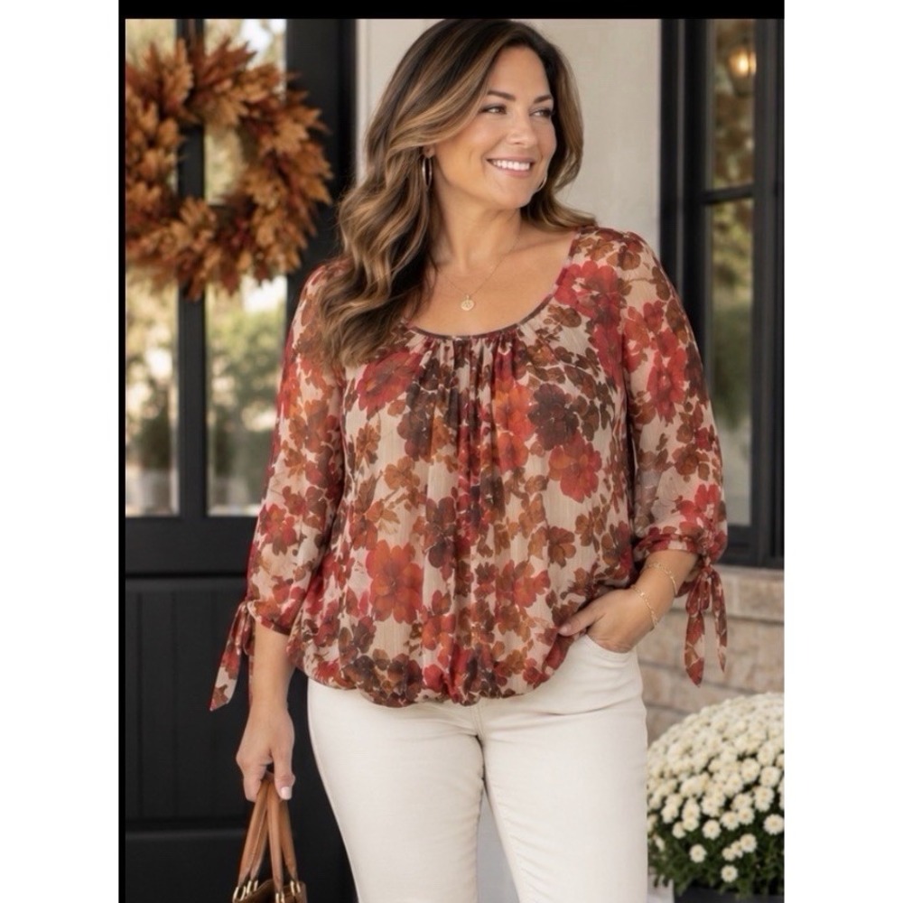 Sara Michelle Top Blouse XL/12 Pullover Bubble Hem Tie Sleeve Fall Colors Floral